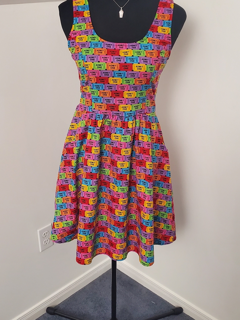 Bright Multicolor Ticket-Print Sleeveless Skater Dress